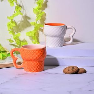 Ensemble de tasses à thé élégantes en céramique texturée diamant, 6 mugs en grès émaillé résistants au micro-ondes avec poignée en forme de cœur, isolation thermique pour boissons chaudes - Product Image 2