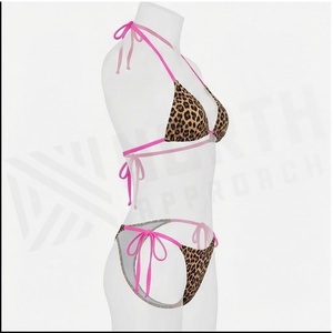 Ensemble bikini 2 pièces imprimé léopard pour femme, haut dos nu et bas à nouer sur les côtés, bordure rose, maillot de bain extensible - Product Image 3