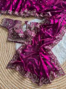 Party Wear Fandy <b>Satin</b> Silk <b>Saree</b> With Embroidery Sequence Work And Multi Borders With Aarco Paired With Fully Stitched Blouse - Product Image 1