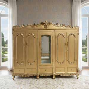Armario de Lujo de 5 Puertas en Color Oro Antiguo, de Teca, Grande, Tallado a Mano, para Dormitorio Real, Gabinete de Almacenamiento de Madera Maciza Estilo Artesanal Rústico - Product Image 1