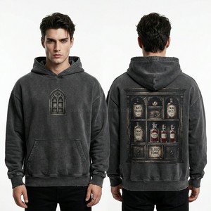 Custom Gothic Cabinet Print Hoodie Men Vintage Grey Wash Oversized Pullover Heavyweight Streetwear Fleece Hoody Manufacturer - Product Image 1