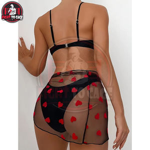 Ensemble de bikini 3 pièces à motif cœur, col en V, boucle dorsale, coupe haute avec jupe de plage en maille, maillots de bain et vêtements pour femmes - Product Image 2