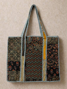 Premium <b>Black</b> Ajrakh Patchwork <b>Tote</b> <b>Bag</b> for Women Handmade <b>Quilted</b> Cotton Floral Paisley Shoulder Shopper Wholesale Export - Product Image 1