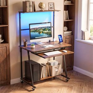 Scrivania Mobile per Computer con Luci LED RGB e Stazione di Ricarica, Postazione di Lavoro Multi-Livello con Vassoio per Tastiera - Product Image 2