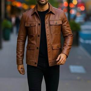 Veste décontractée en cuir de mouton blanc imperméable pour homme, col montant, fermeture éclair, vêtements de travail, vêtements d'hiver, fourrure de mouton - Product Image 2