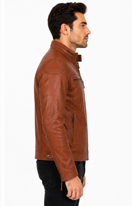 Men's Brown Sheep <b>Leather</b> Canvas Waterproof Moto <b>Jacket</b> Slim Fit Zipper Closure Mandarin Collar Regular Sleeve <b>Winter</b> Style 100% - Product Image 3