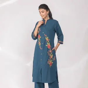 Women's Teal Blue Embroidered Cotton <b>Linen</b> Kurta Pant <b>Set</b> Mandarin Collar Three Quarter Sleeve Straight Fit Ethnic Outfit - Product Image 2