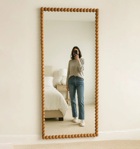 Tall narrow dark wood full length floor <b>mirror</b> featuring decorative carved spindle <b>panels</b>, available at wholesale prices. - Product Image 2