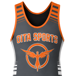 Combinaison de lutte sublimée gris-orange pour homme, sans manches, en polyester, uniforme sportif athlétique, tenue de compétition et d'entraînement - Product Image 4
