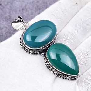 Pendentif en argent allemand avec pierre précieuse onyx vert naturel, bijoux pour femmes, style bohème, fait main, vintage, qualité AAA, meilleur prix - Product Image 1