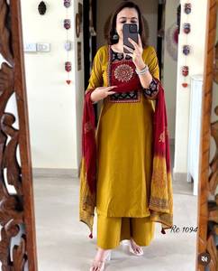Cotton Embroidered <b>Kurti</b> Pant Set Women Ethnic Straight <b>Indian</b> Pakistani Top and Dupatta Casual All Season - Product Image 2
