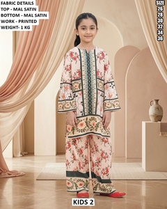 Kids Floral Printed Mal Satin Tunic Set With Wide Leg Pants V-Neck Full Sleeve Vintage Style All Seasons Wear - Product Image 3