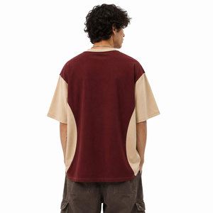 <b>Men's</b> Oversized O-Neck T-<b>Shirt</b> Maroon Beige Contrast Sleeve Printed Letter Design Casual Short Sleeve Cotton Embossed T-<b>Shirt</b> - Product Image 4