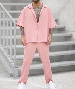 Ensemble de costume décontracté rose pour homme, chemise à manches courtes à col rabattu et pantalon, tenue d'été - Product Image 6