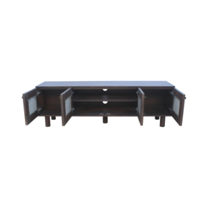 Dark <b>Wood</b> Tv Unit Media Console Storage Cabinet Four Door Cane Panel Entertainment Stand <b>Shelving</b> Living Room Furniture Vintage - Product Image 2