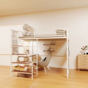 Full-Size Loft Metal <b>Bed</b> with <b>LED</b> Lighting and Charging Station for Bedroom and Dormitory White Color - Product Image 2
