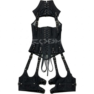 Corset en denim noir de qualité supérieure, style gothique et mode, avec harnais pour le cou et les jambes - Product Image 4