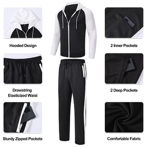 Ensemble de survêtement à capuche noir et blanc avec blocs de couleur, manches longues, fermeture éclair, poches latérales, style sportif décontracté, collection automne - Product Image 2