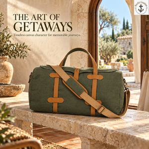 Heritage Olive Canvas Travel Duffel <b>Bag</b> with <b>Tan</b> Strap Details | Classic Large Weekender Carryall with Adjustable Shoulder Strap - Product Image 2