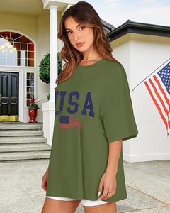 T-shirt décontracté en coton pour femme, col rond, manches courtes, coupe ample, imprimé drapeau américain vert olive, toutes saisons - Product Image 3