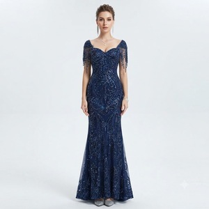 Blue Beaded Mermaid Dress Sleeveless V Neck <b>Floor</b> <b>Length</b> Formal <b>Gown</b> Sequin Party Dress for Wedding Gala - Product Image 2