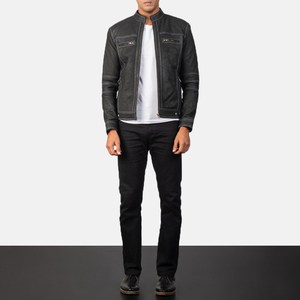 Men's Black PU Leather Moto <b>Jacket</b> Stand Collar Zipper Closure <b>Slim</b> <b>Fit</b> Washed Finish Biker Style Autumn Wear - Product Image 4