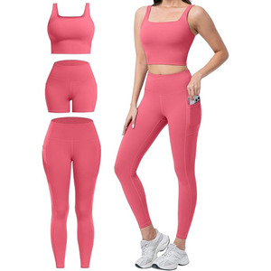 2 Piece Workout Sets for Women High Waisted Leggings with Pockets Tummy Control Biker Shorts Yoga Sports Bra <b>Seamless</b> Spandex - Product Image 4