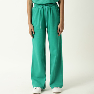 Pantalones de chándal de punto de cintura alta para mujer, de pierna ancha, color liso, con cordón, ajuste holgado informal, largos, verdes - Product Image 6