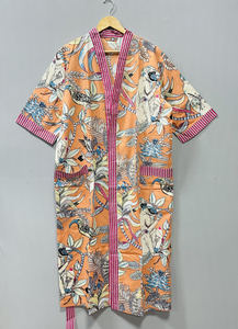Women's Bohemian Style Luxury Cotton <b>Bath</b> Robe Floral Printed Handmade <b>Light</b> Weight Kimono Casual Front Logo Full Length Summer - Product Image 2