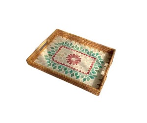 Handcrafted Rattan and Mother of Pearl Inlay Decorative <b>Tray</b> <b>Large</b> Rectangular Ottoman Coffee Table Serving <b>Tray</b> from Vietnam - Product Image 1