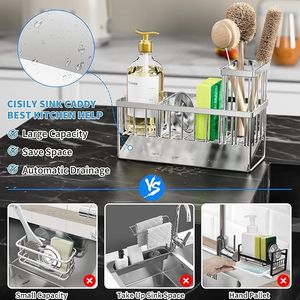 <b>Kitchen</b> <b>Sink</b> <b>Caddy</b> with High Brush Holder 304 Rustproof Stainless Steel Dish Sponge Organizer <b>Kitchen</b> Storage - Product Image 4