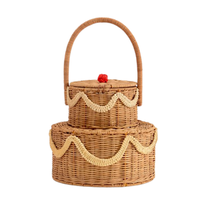Creative Cake Shaped Rattan Picnic <b>Basket</b> Two Tier Handwoven <b>Wicker</b> <b>Storage</b> Hamper with Lid High Handle Birthday Gift Party Case - Product Image 1
