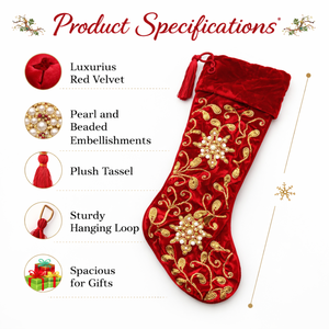 Chaussette de Noël moderne de luxe en velours rouge de 22 pouces avec motif floral complexe et broderie dorée |   Artisanat durable fait main pour les fêtes - Product Image 4