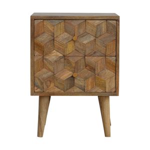 Table de chevet vintage en bois massif sculpté en forme de cube, avec deux tiroirs, meuble d'appoint rustique pour chambre à coucher - Product Image 1