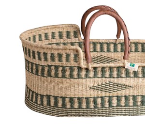 Artisanal olive-toned patterned weave leather handle seagrass <b>changing</b> <b>basket</b> functioning as rattan <b>changing</b> kid <b>basket</b> - Product Image 3