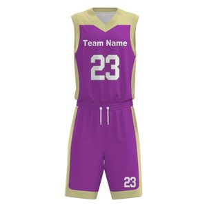 Ensemble de maillot de basket-ball personnalisé violet et or, col en V, sans manches, impression sublimée, polyester à séchage rapide, uniforme unisexe adulte, toutes saisons - Product Image 3