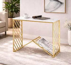Modern Rectangle Marble Top <b>Side</b> <b>Table</b> With <b>Gold</b> Metal Frame Indoor Living Room Decor Accent Piece - Product Image 2