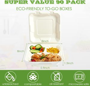Eco-friendly Biodegradable Recyclable BPA Free Lid Microwavable Sugarcane Bagasse Clamshell 3 Compartment Disposable <b>Lunch</b> <b>Box</b> - Product Image 1