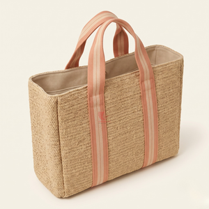 Sac fourre-tout en raphia naturel tissé à la main avec anses en sangle bleue et poignée en cuir – Écologique, idéal pour la plage et le shopping en été - Product Image 5
