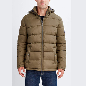 Men's Olive Green Hooded Puffer <b>Jacket</b> Zipper Closure <b>Waterproof</b> Windproof Eco-Friendly <b>Winter</b> Casual Solid Color 100% Polyester - Product Image 1