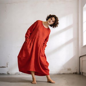<b>Boho</b> Ladies Solid Red Loose Cotton <b>Dress</b> <b>Long</b> Sleeve Round Neck Casual Everyday Maxi <b>Dress</b> - Product Image 4