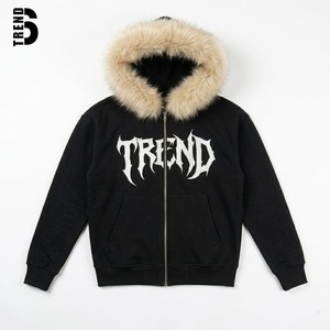 Sudadera con capucha negra personalizada para hombre, de tejido grueso, con cremallera, capucha de piel sintética, estampado gráfico gótico, estilo streetwear Y2K, corte holgado, de forro polar. - Product Image 2