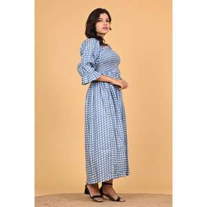 Robe longue d'été pour femmes, fabriquée à la main en Inde, 100% coton, écologique, à carreaux, style bohème, à volants, manches longues - Product Image 5