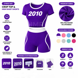 Ensemble Crop Top Imprimé Violet HMR Sorority Sisterhood 2010 avec Short Assorti, Col Rond, Manches Courtes, Tenue Sportive - Product Image 6