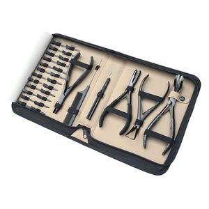 Kit d'accessoires pour extensions capillaires de salon : Pince à bandes adhésives, Outil de sertissage plat, Démonte-microperles, Crochet à boucles pour extensions, Enfileur, Pinces de sectionnement - Product Image 1