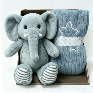 customized blue‑grey elephant plush and knitted blanket <b>gift</b> set, <b>boxed</b> newborn elephant stuffed toy <b>hamper</b>, dusty blue baby - Product Image 1