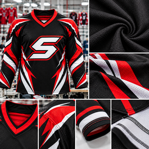 Conjunto de Jersey de Hockey sobre Hielo Unisex, 100% Poliéster, Secado Rápido, Nombre del Equipo Personalizado, Bloques de Color Negro, Rojo y Blanco, Manga Larga, Ropa Deportiva para Adultos - Product Image 5