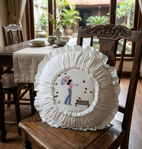 Custom Wholesale Embroidery Girl in the Park Round Seat <b>Cushion</b> Cover White Cotton Ruffle Edge Pillowcase Removable Washable - Product Image 2