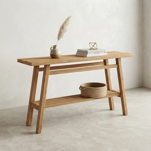 Solid Wood Console Table Modern <b>Rustic</b> Lower Shelf Splayed Leg Natural Teak Style Wooden Entryway Table Hallway Sofa Side <b>Desk</b> - Product Image 2