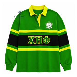 Camiseta de rugby oversize para mujer Chi Eta Phi con bloques de color, manga larga, cuello polo y letras griegas bordadas, estilo universitario. - Product Image 1